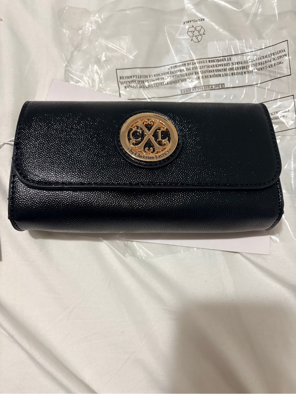 Christian Lacroix Black wristlet wallet with Gold Logo Accent